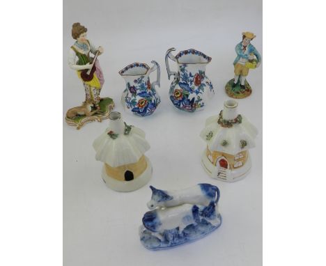A quantity of ceramic items, to include a late 19th century Continental porcelain figurine of a lady playing a stringed instr