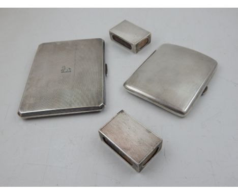 A silver cigarette case of rectangular form, having engine turned decoration, together with a silver calling card case, and t