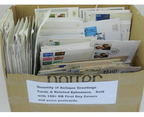 A quantity of antique greeting cards and related ephemera, together with 150 GB first day covers and postcards.