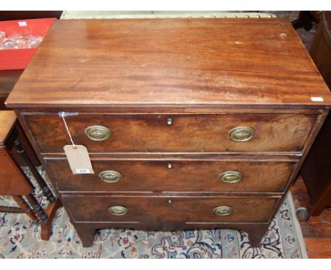 A George III mahogany chest of drawers, the rectangular top above an arrangement of three drawers on shaped bracket feet, W. 