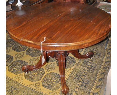 A Victorian mahogany circular tilt top breakfast table on fluted baluster column and quadruple cabriole base, dia: 116cm