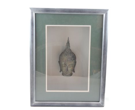 A cased framed bronze Utong bronze Buddha head, H. 42cm, W. 33cm