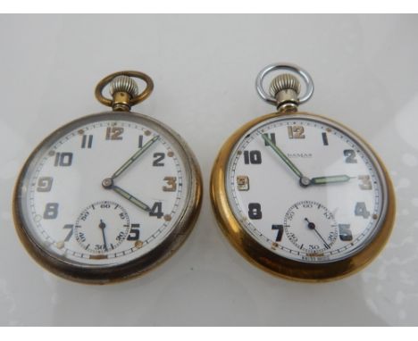 An open faced military pocket watch, the white enamel dial marked Arabic numerals with subsidiary seconds dial at 6, together