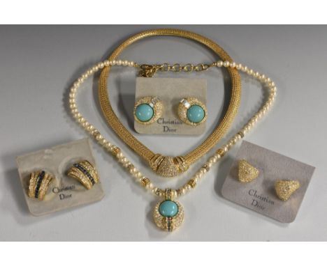Christian Dior - a necklace and earrings demi-parrure, turquoise coloured circular cabochon and pave paste pendant suspended 