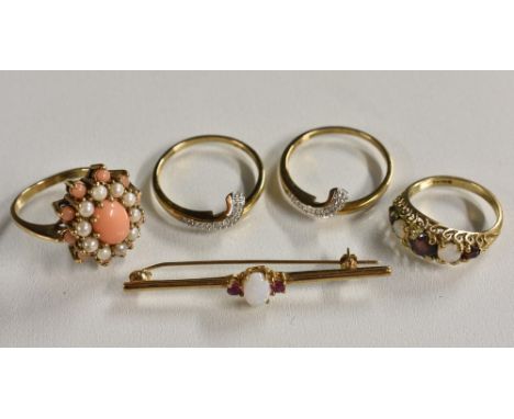 A 9ct gold coral and seed pearl oval cluster ring; a 9ct opal and ruby bar brooch; a 9ct opal and garnet ring; a 9ct two part