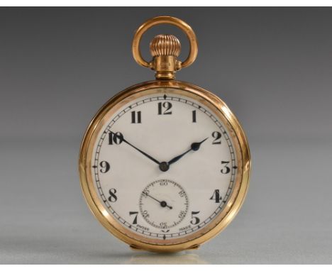 A 9ct gold open face pocket watch, white enamel dial, Arabic numerals, minute track, subsidiary seconds, blued spade hands, b