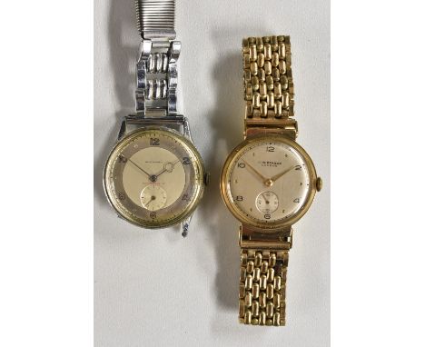 Watches - a vintage 1950s J W Benson 9ct gold cased wristwatch, silvered dial, alternating dot and Arabic numerals, minute tr