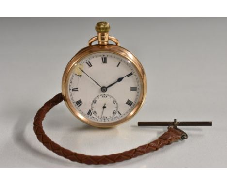 A George V 9ct gold open face pocket watch, white enamel dial, bold Roman numerals, minute track, subsidiary seconds, blued s