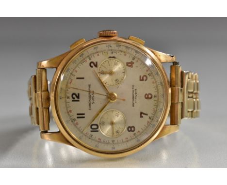 Chronographe Swiss  - a vintage 1950s 18ct gold cased chronograph wristwatch, silvered dial, Arabic numerals, outer red and b