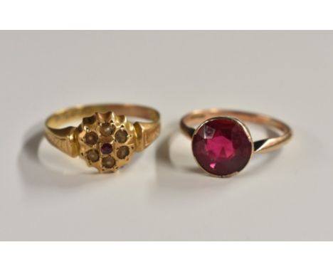 Rings - an Edwardian ruby and seed pearl floral cluster ring, 18ct gold shank, size M, Chester 1905;  a red Spinel solitaire 