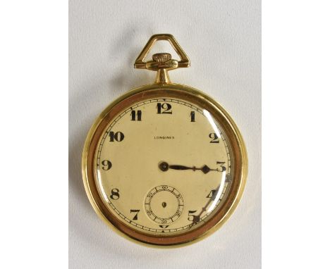 Longines -  an 18ct gold open face pocket watch, textured dial, Arabic Numerals, minute track, subsidiary seconds, blued hand