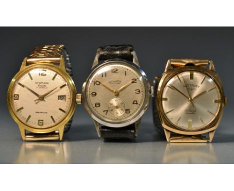 Watches - a Rotary Incabloc 9ct gold cased gentleman's wristwatch, silvered dial, tapering block batons, centre seconds, minu