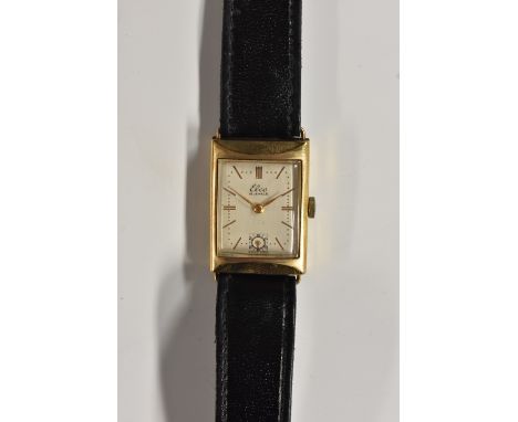 Elco - a vintage 1950s 9ct gold rectangular tank cased wristwatch, cream dial, gilt block baton markers, minute track, subsid