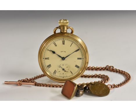 Watches - a Victorian 9ct rose gold double Albert chain, T bar, twin end compression hooks, 27.8g, suspending a Smiths Eclips