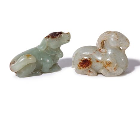 TWO CELADON JADE CARVINGS OF A DOG AND A RAM
The dog modelled seated with it's head raised, wearing a collar; the rim also mo