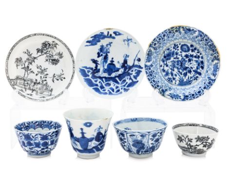 A GROUP OF BLUE AND WHITE AND OTHER TEA BOWLS AND SAUCERS
18th-19th Century, Comprising: a tea bowl and saucer, decorated en 