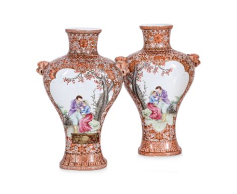 A PAIR OF FAMILLE ROSE EUROPEAN SUBJECT PORCELAIN VASES Probably Republic Period, Of flattened baluster shape, one side decor