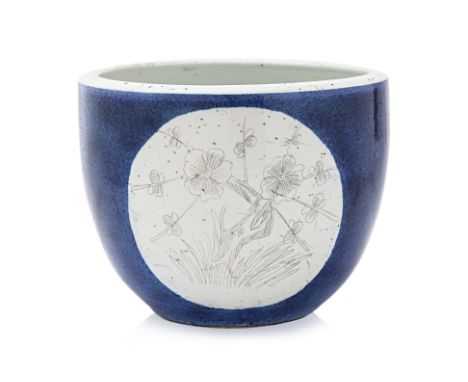 A BLUE GROUND PORCELAIN JARDINIERE
Decorated with panels of flowering foliage on a blue ground, apocryphal four character Kan