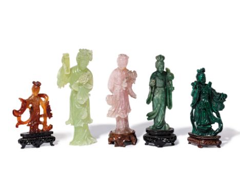 A GROUP OF SIX HARDSTONE CARVINGS OF GUANYIN
Comprising two examples in jade, a rose quartz, a malachite and a smaller exampl