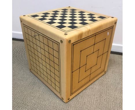 An Alison Henry game cube table each side with different games board together with games pieces 49 cm cubedCondition ReportKe