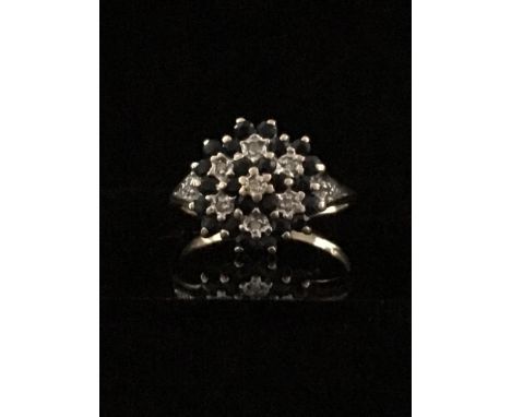 A 9ct yellow gold diamond and sapphire flower form cluster ring, composed of 24 sapphires, 1.7mm each approx, total estimated