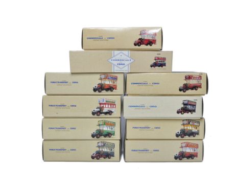 A group of Ten Corgi diecast (1/50) model Bus (Thornycroft) and Public Transport related issues in various firm liveries as s