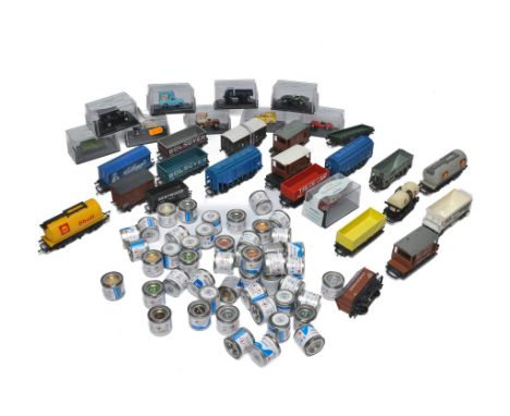 A quantity of (approx 50) unused enamel modelling paints plus OO Model Railway rolling stock and ten 1/76 Oxford diecast mode