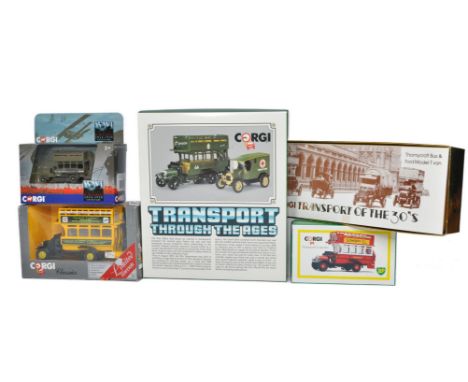 A group of five Corgi diecast (1/50) model Bus (Thornycroft) and Public Transport related issues in various firm liveries as 