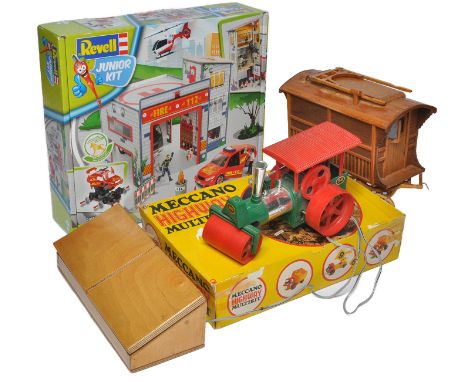 A group of construction toys including Meccano set, REX plastic Steam Engine, Revell 'kids' construction set and kit built gy