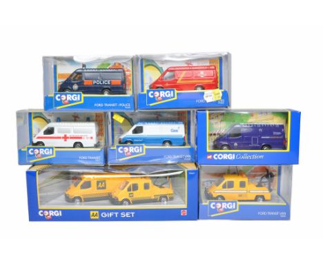 A group of seven Corgi Diecast Model Ford Transit Vans in various commercial branded liveries. Some harder to find promotiona