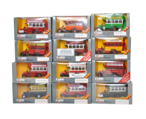 A group of Twelve Corgi diecast (1/50) model Bus (Thornycroft) and Public Transport related issues in various firm liveries a