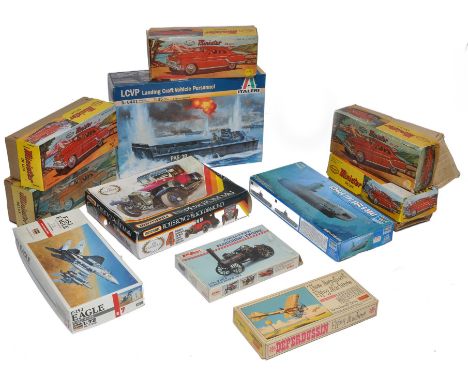 A group of Minister (Indian) tinplate car issues in addition to some plastic model kits (complete and unstarted). 