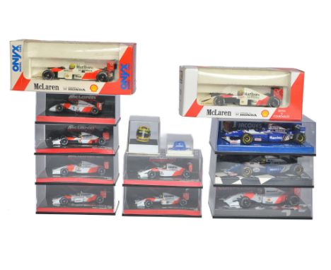 A group of Formula One Model Collectables comprising 11 cars (mostly Senna as driver) plus two clothing accessories as shown 