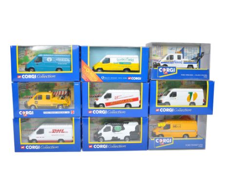 A group of Nine Corgi Diecast Model Ford Transit Vans in various commercial branded liveries. Some harder to find promotional