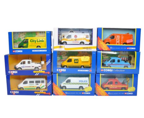 A group of Nine Corgi Diecast Model Ford Transit Vans in various commercial branded liveries. Some harder to find promotional