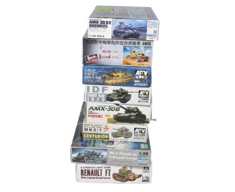 A group of 8 Plastic Battle Tank Model Kits from various makers - AR.V, Tiger, Takom Thunder plus others as shown. All comple