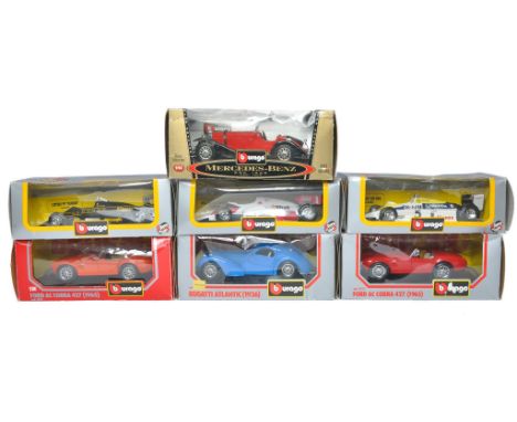 A group of Seven Burago 1/24 diecast model cars in original boxes. Models look to be without fault. Boxes with notable storag