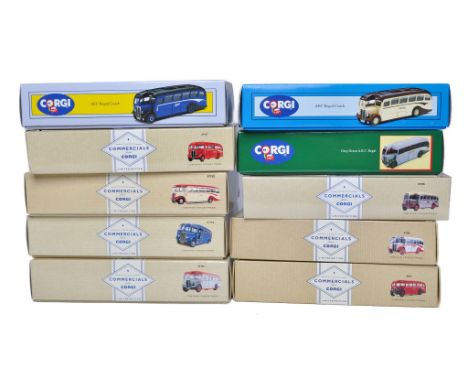 A group of Ten Corgi diecast (1/50) model Bus (AEC Regal) and Public Transport related issues in various firm liveries as sho