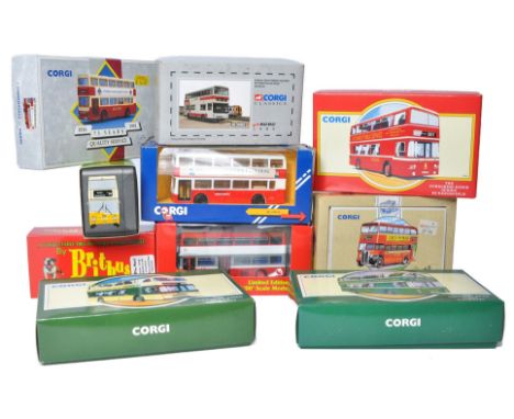 A group of Britbus and Corgi Diecast 1/76 and 1/50 Model Bus / Coach issues (Mostly double deckers) including various liverie
