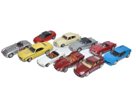A group of Ten (mostly) 1/18 diecast model cars comprising modern, classic and vintage themes of various manufacturers. Model