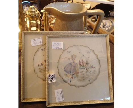 Two embroidered framed scenes and a large ceramic milk jug. Not available for in-house P&amp;P, contact Paul O'Hea at Mailbox