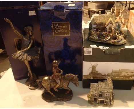 Two bronzed Art Nouveau style figurines, largest H: 28 cm and two ceramic cottages. Not available for in-house P&amp;P, conta