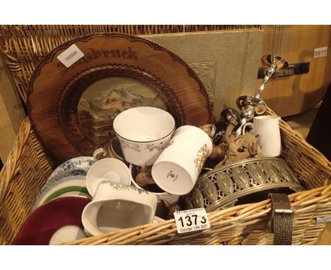 Fortnum and Mason lidded picnic basket with ceramic, treen and metalware contents. Not available for in-house P&amp;P, contac