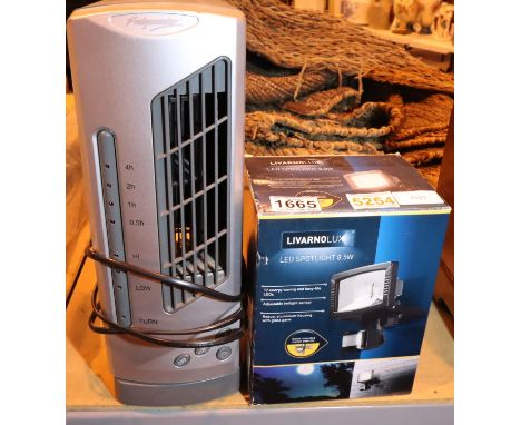 Livarno Lux LED spotlight 8.5w and a Fridgemaster mini tower fan H: 33 cm. Not available for in-house P&P, contact Paul O'Hea