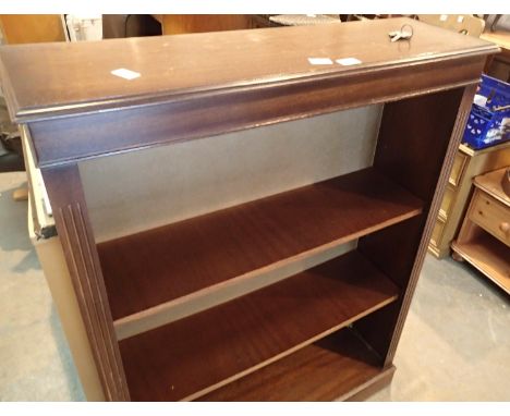 Mahogany three shelf book case, 91 x 28 x 122 cm. Not available for in-house P&amp;P, contact Paul O'Hea at Mailboxes on 0192