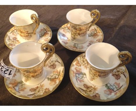 Four Dresden fruit patterned ceramic tea cups and saucers. Not available for in-house P&amp;P, contact Paul O'Hea at Mailboxe