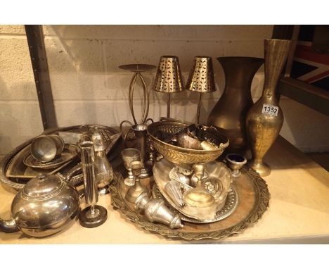 Shelf of mixed metalware to include brass and silver plated items. Not available for in-house P&amp;P, contact Paul O'Hea at 