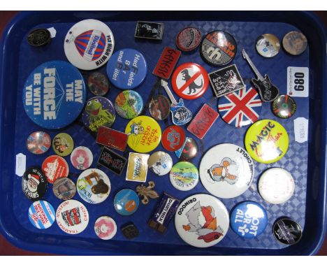 A Collection of Pin Badges, varying subjects but including Motorhead, Ritchie Blackmore, Genesis, The Fall, Thin Lizzy, Toyah