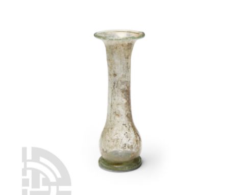 1st-3rd century A.D. Small aqua-glass perfume bottle with flared trumpet-shaped mouth, bulbous lower body and applied base. C