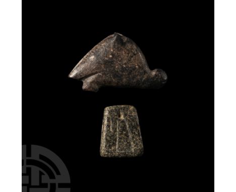 Circa 1st millennium B.C. Comprising: a vulture with worn remains of shallow incised zigzagging, chipped; a trapezoid-shaped 